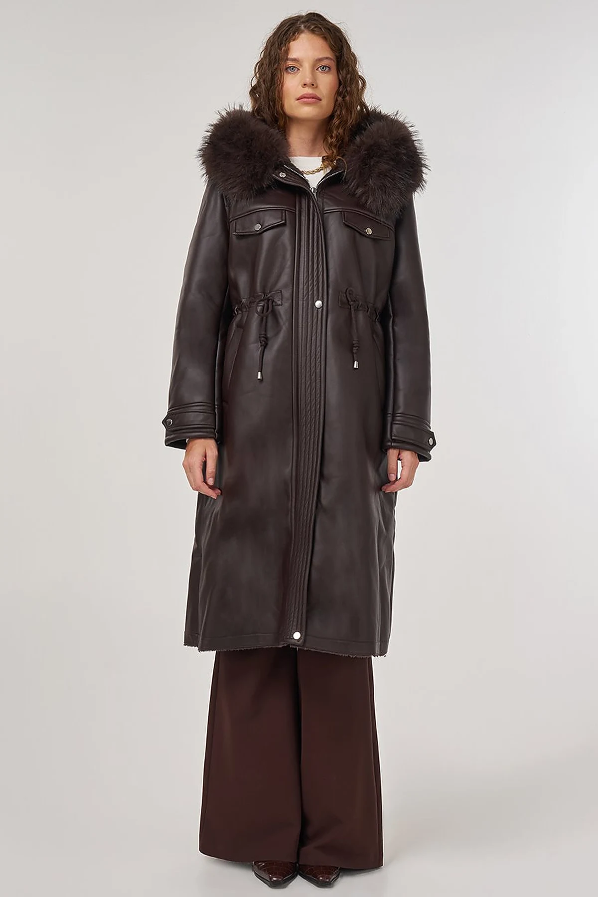 Faux Fur Detailed Faux Leather Jacket Brown