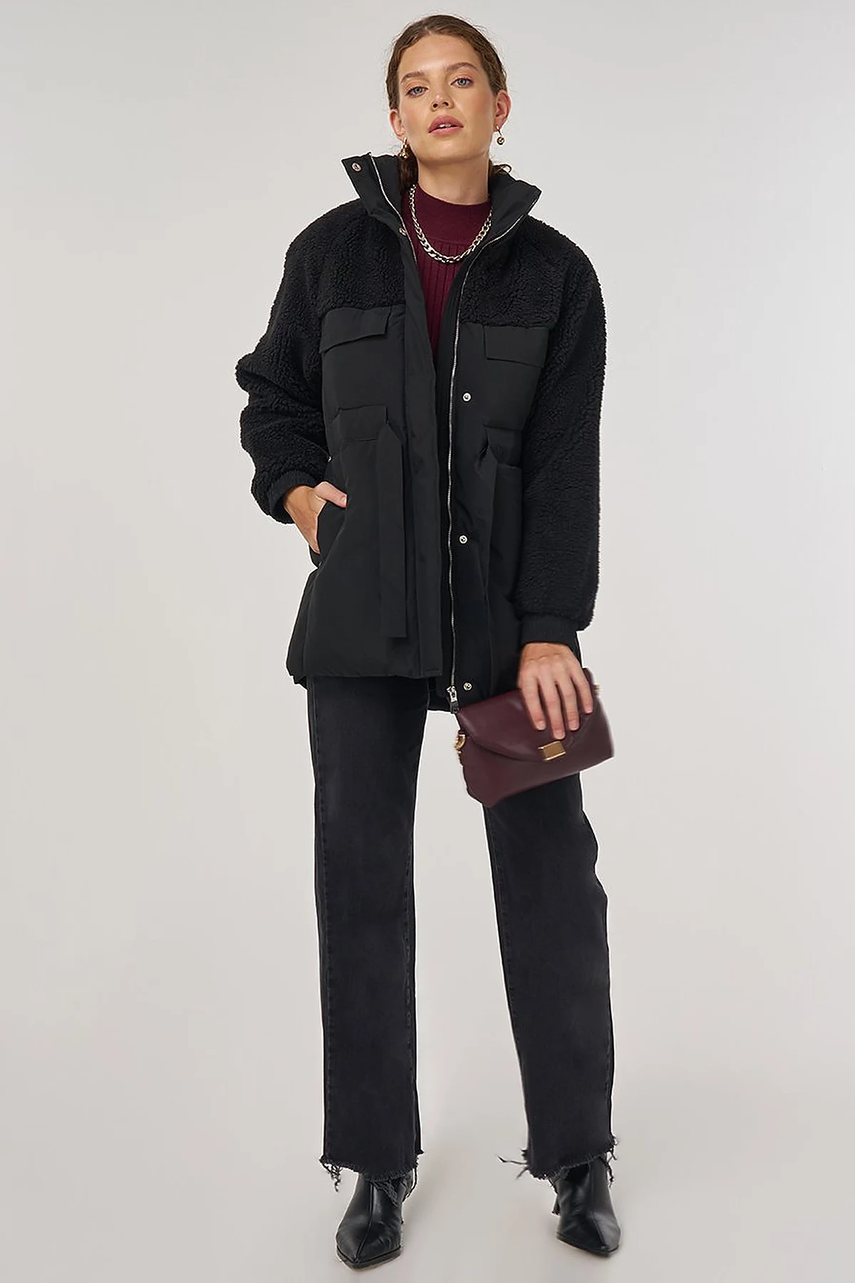 Pocket-Detail Plush Coat Black