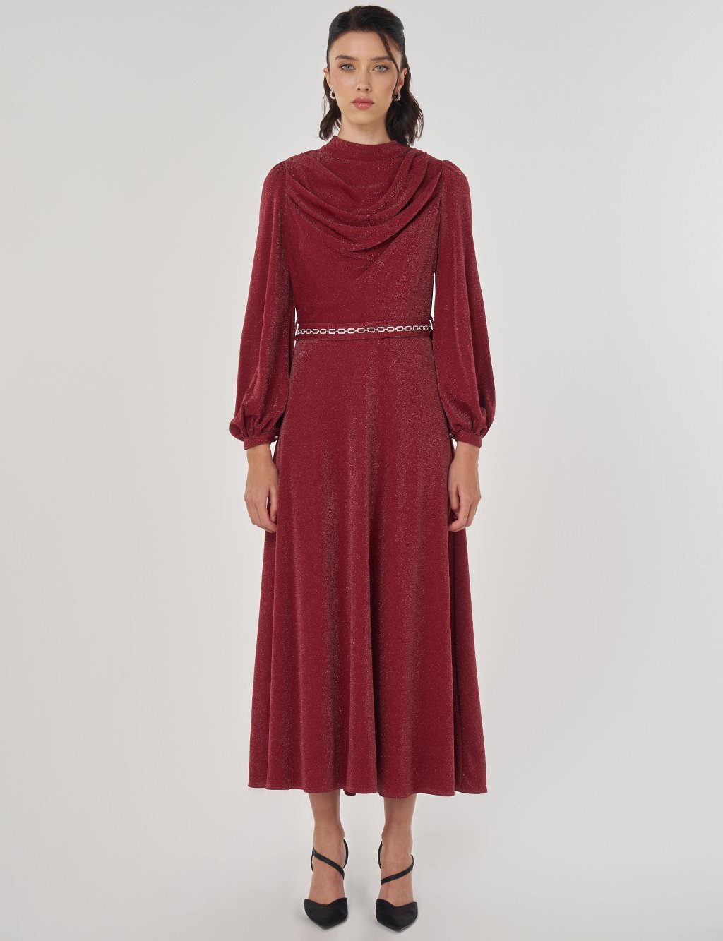 Degaje Yaka Şık Elbise Bordo