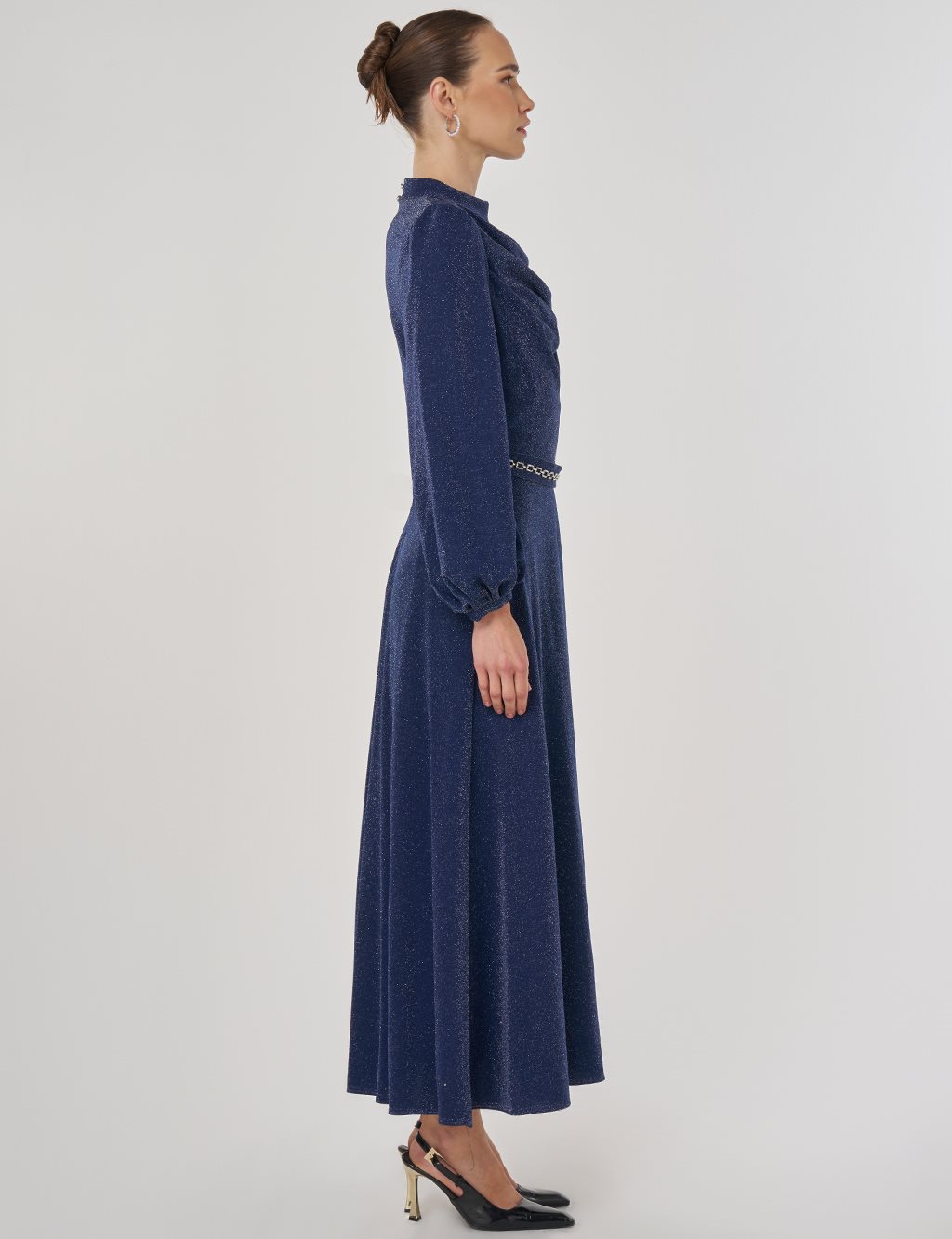 Degaje Yaka Şık Elbise Koyu Lacivert