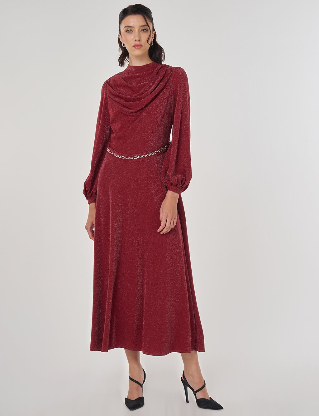 Degaje Yaka Şık Elbise Bordo