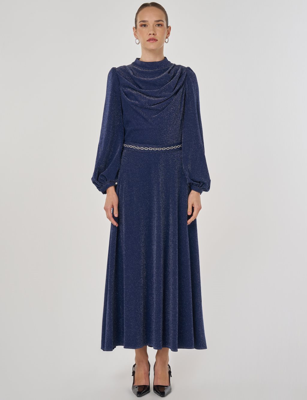 Degaje Yaka Şık Elbise Koyu Lacivert