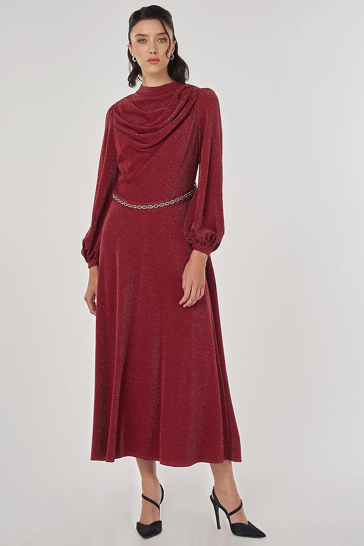 Draped Neck Elegant Dress Burgundy