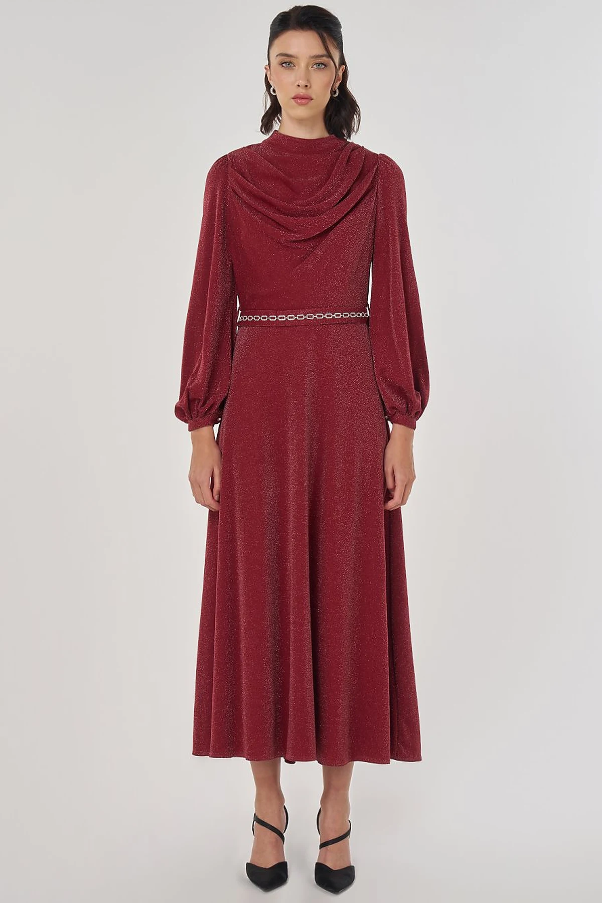 Draped Neck Elegant Dress Burgundy