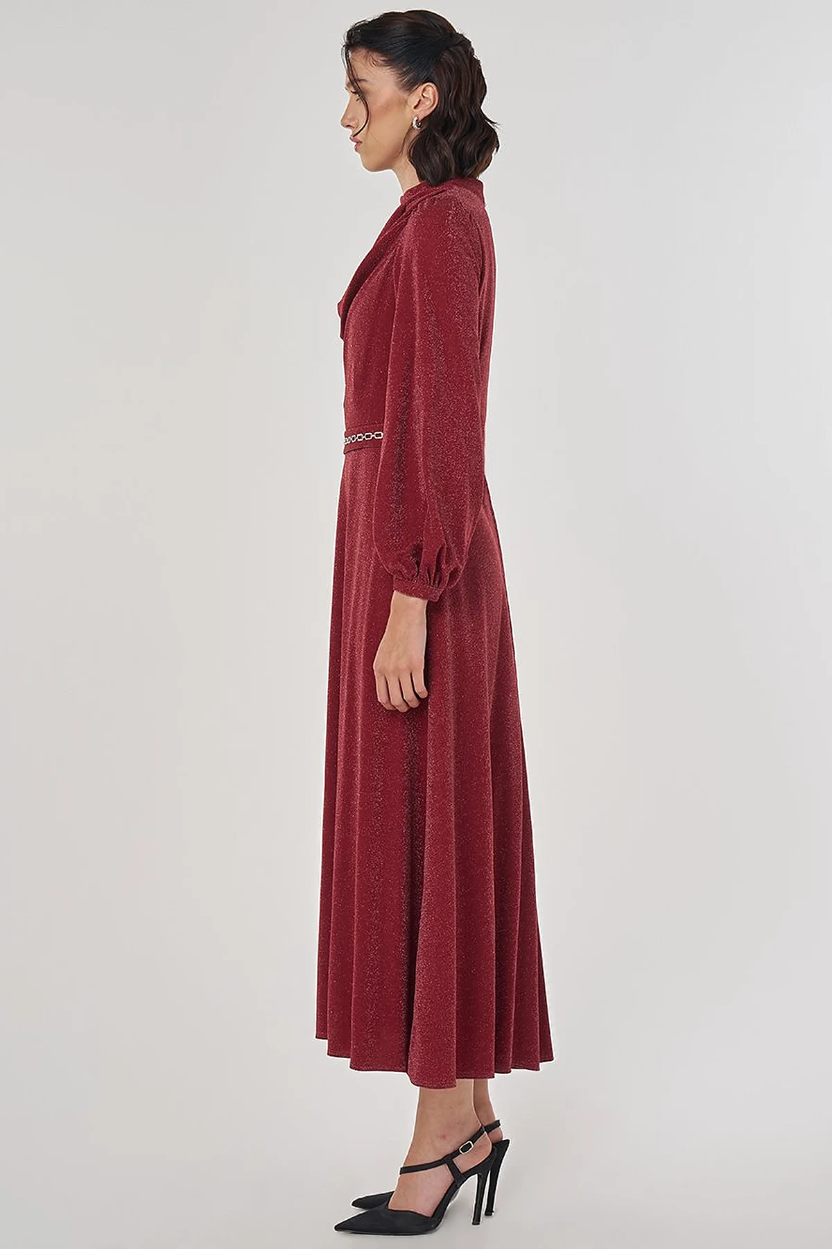 Draped Neck Elegant Dress Burgundy