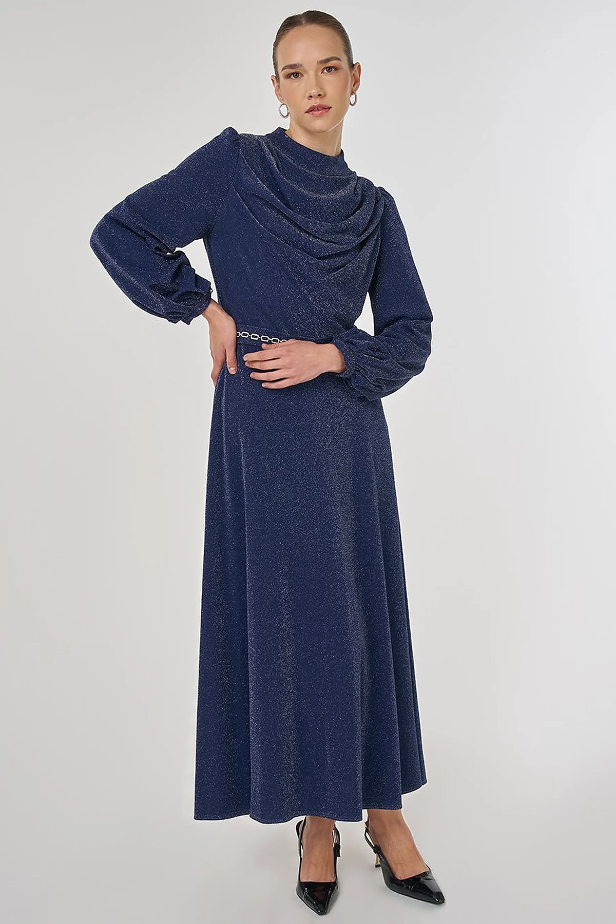 Draped Neck Elegant Dress Dark Navy