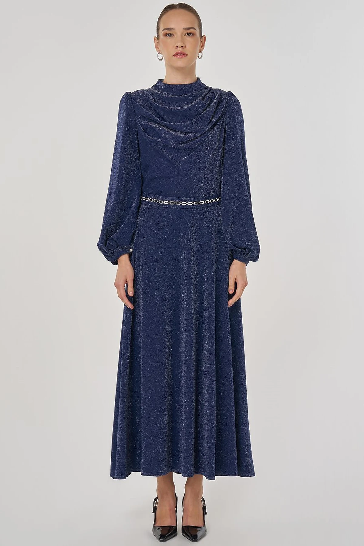 Draped Neck Elegant Dress Dark Navy