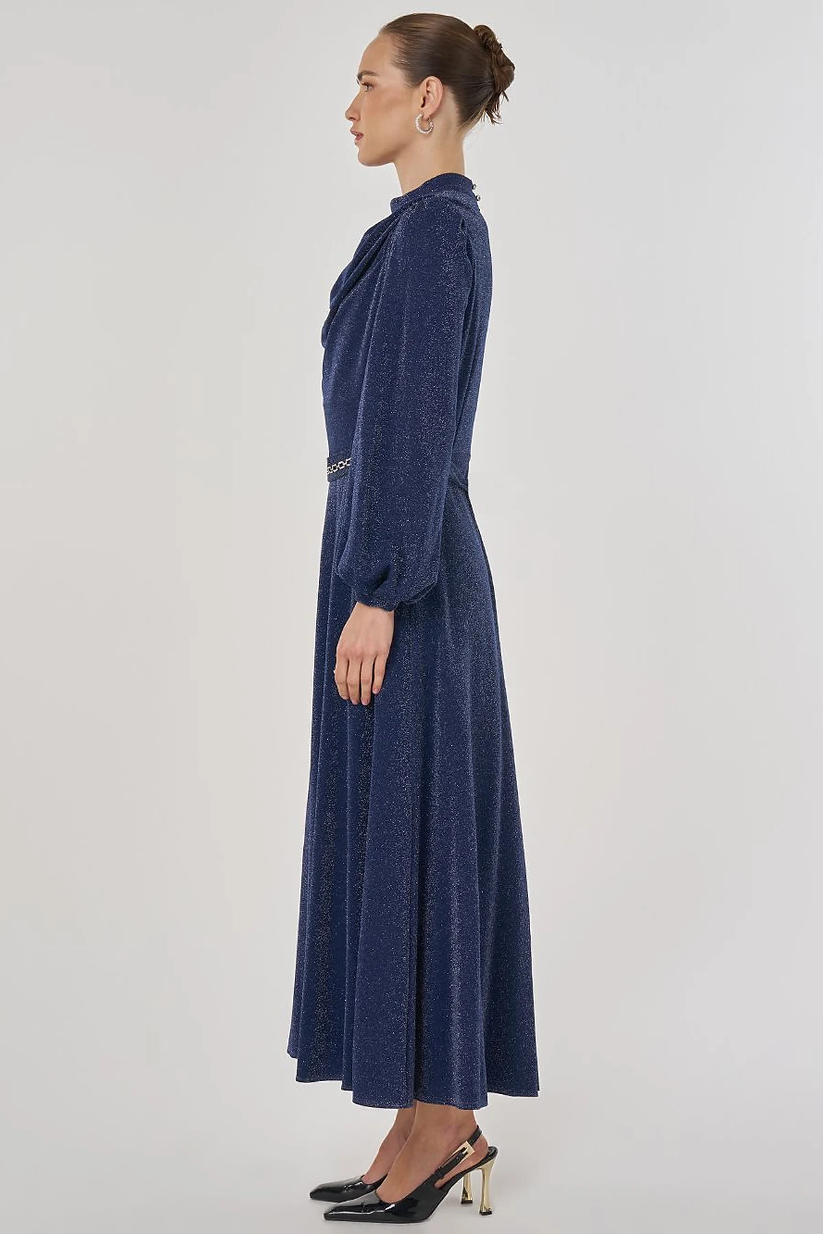 Draped Neck Elegant Dress Dark Navy