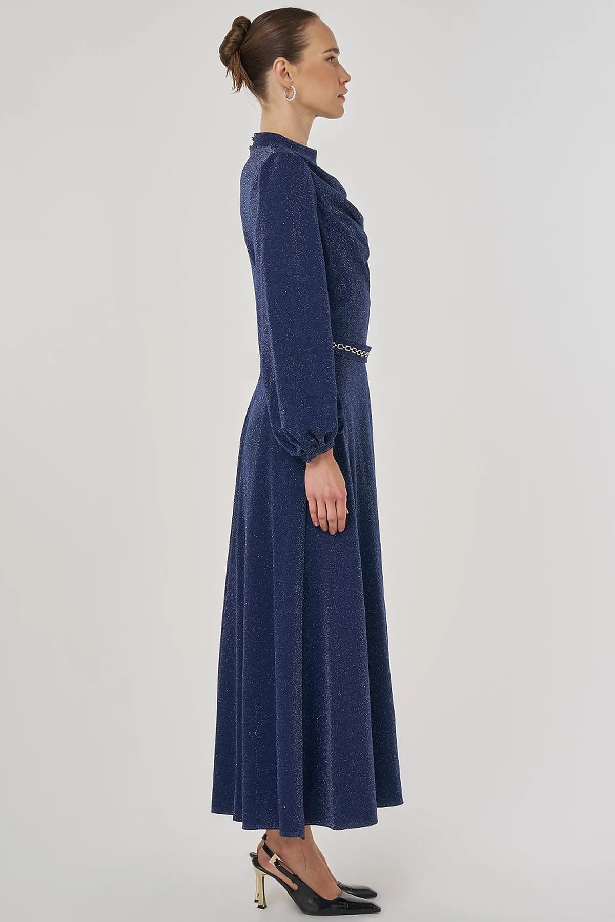 Draped Neck Elegant Dress Dark Navy