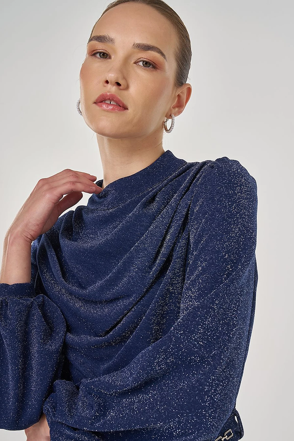 Draped Neck Elegant Dress Dark Navy