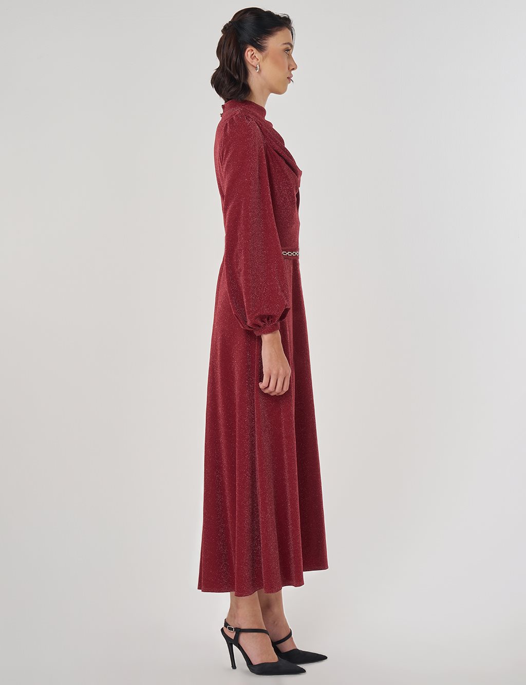 Degaje Yaka Şık Elbise Bordo