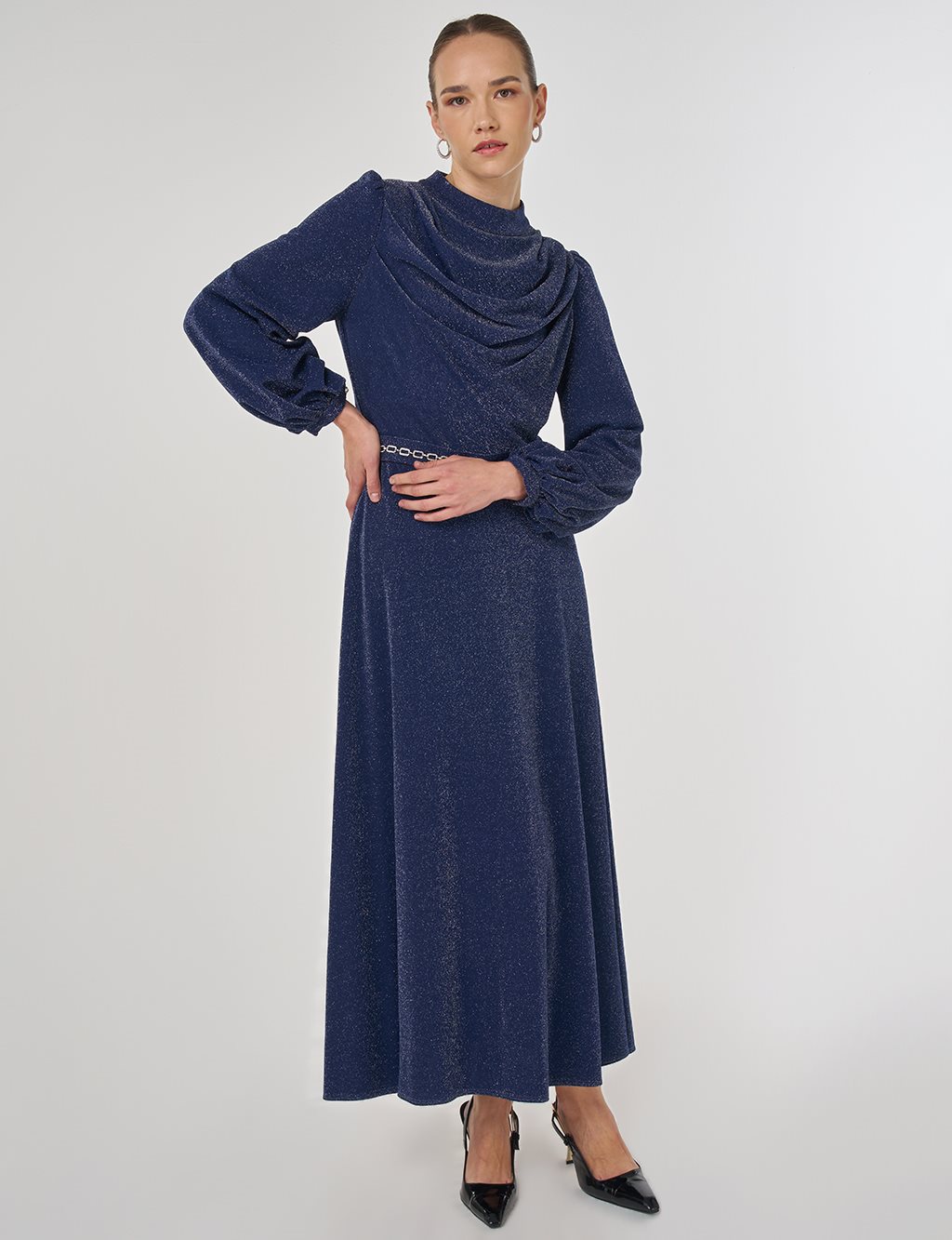 Degaje Yaka Şık Elbise Koyu Lacivert