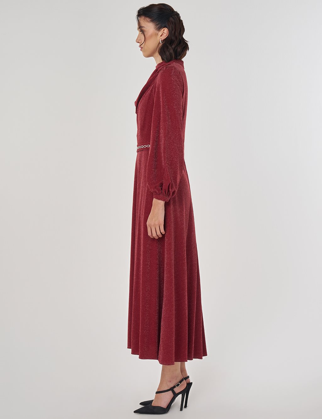 Degaje Yaka Şık Elbise Bordo