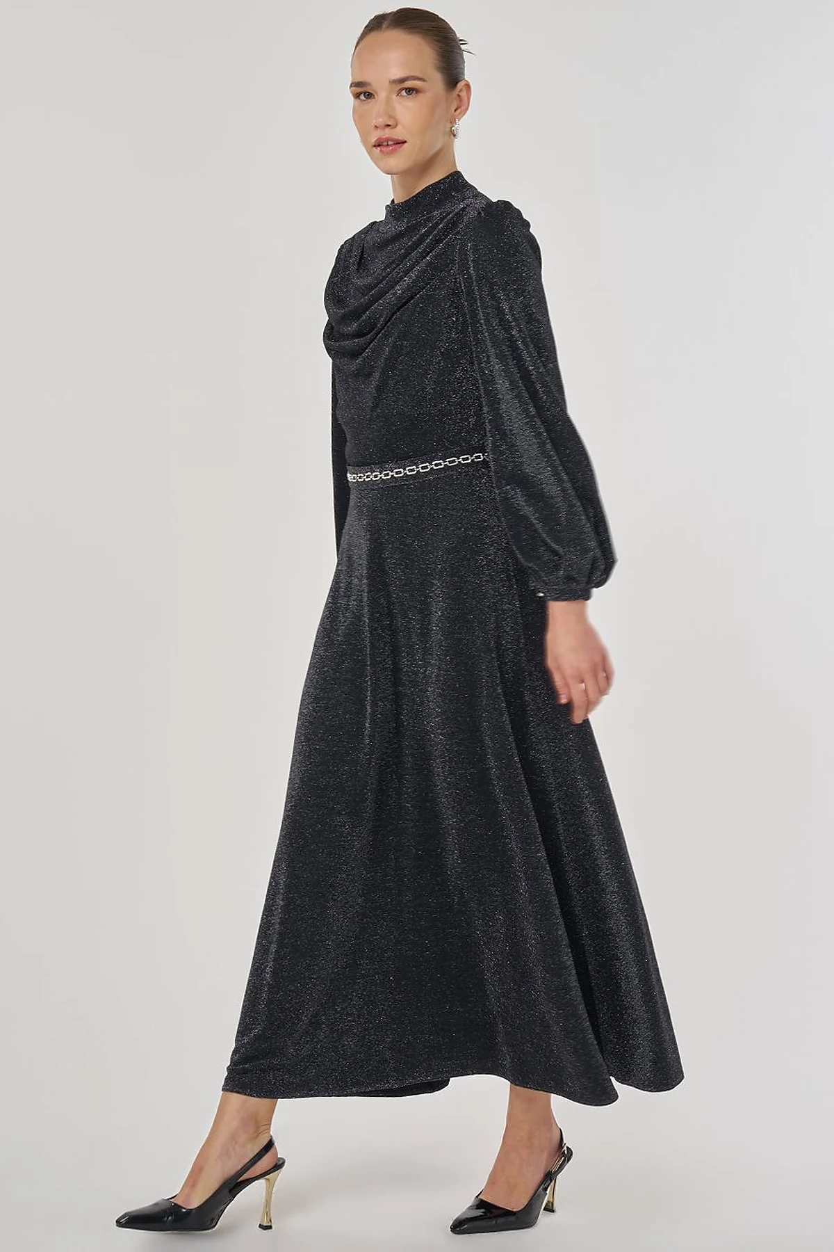 Draped Neck Elegant Dress Black
