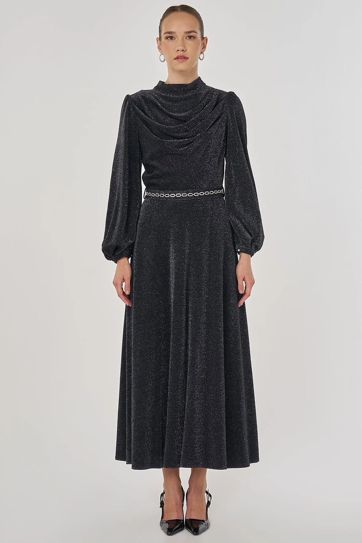 Draped Neck Elegant Dress Black
