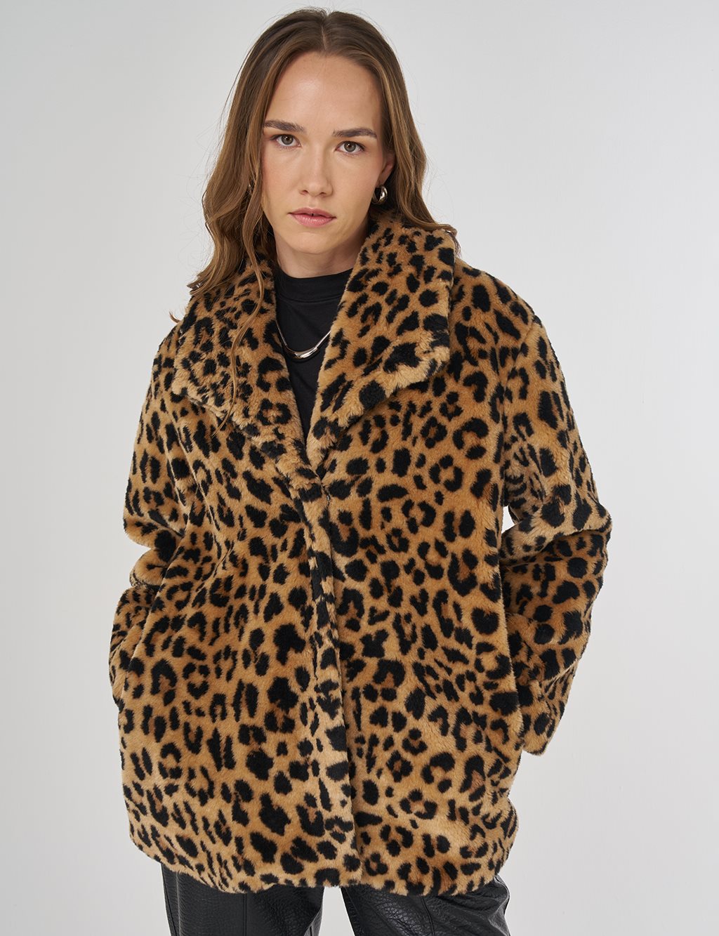 Leopard Pattern Plush Coat Beige