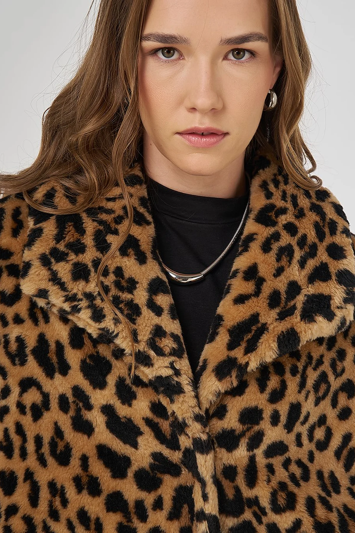 Leopard Pattern Plush Coat Beige