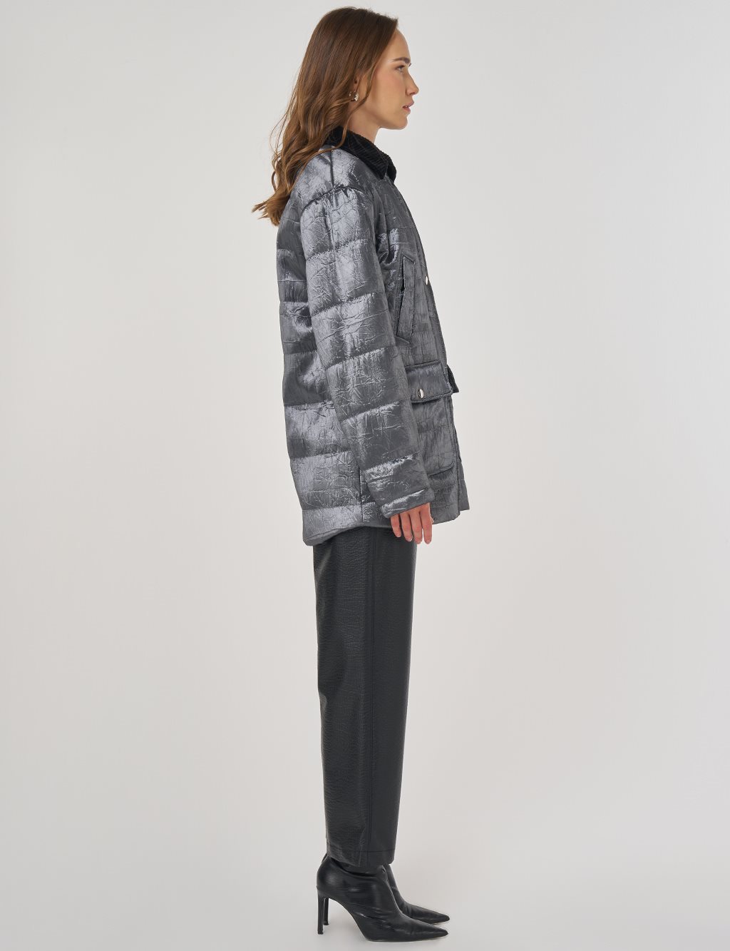 Velvet Collar Detailed Coat Anthracite