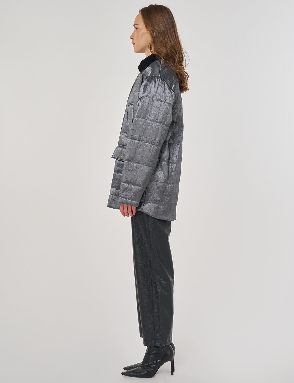 Velvet Collar Detailed Coat Anthracite