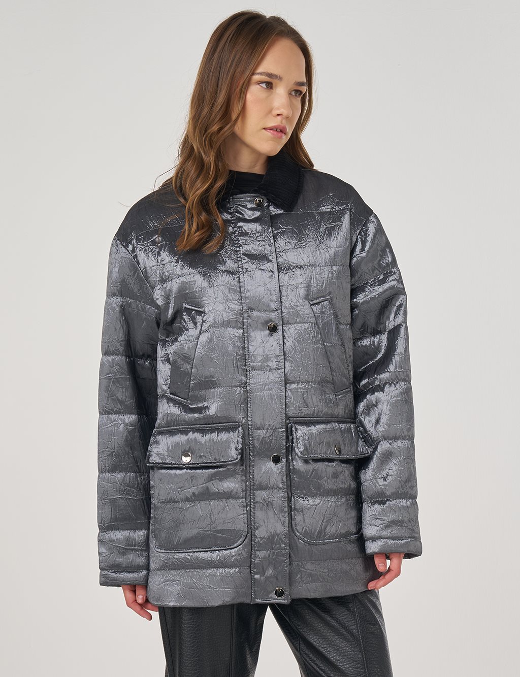 Velvet Collar Detailed Coat Anthracite