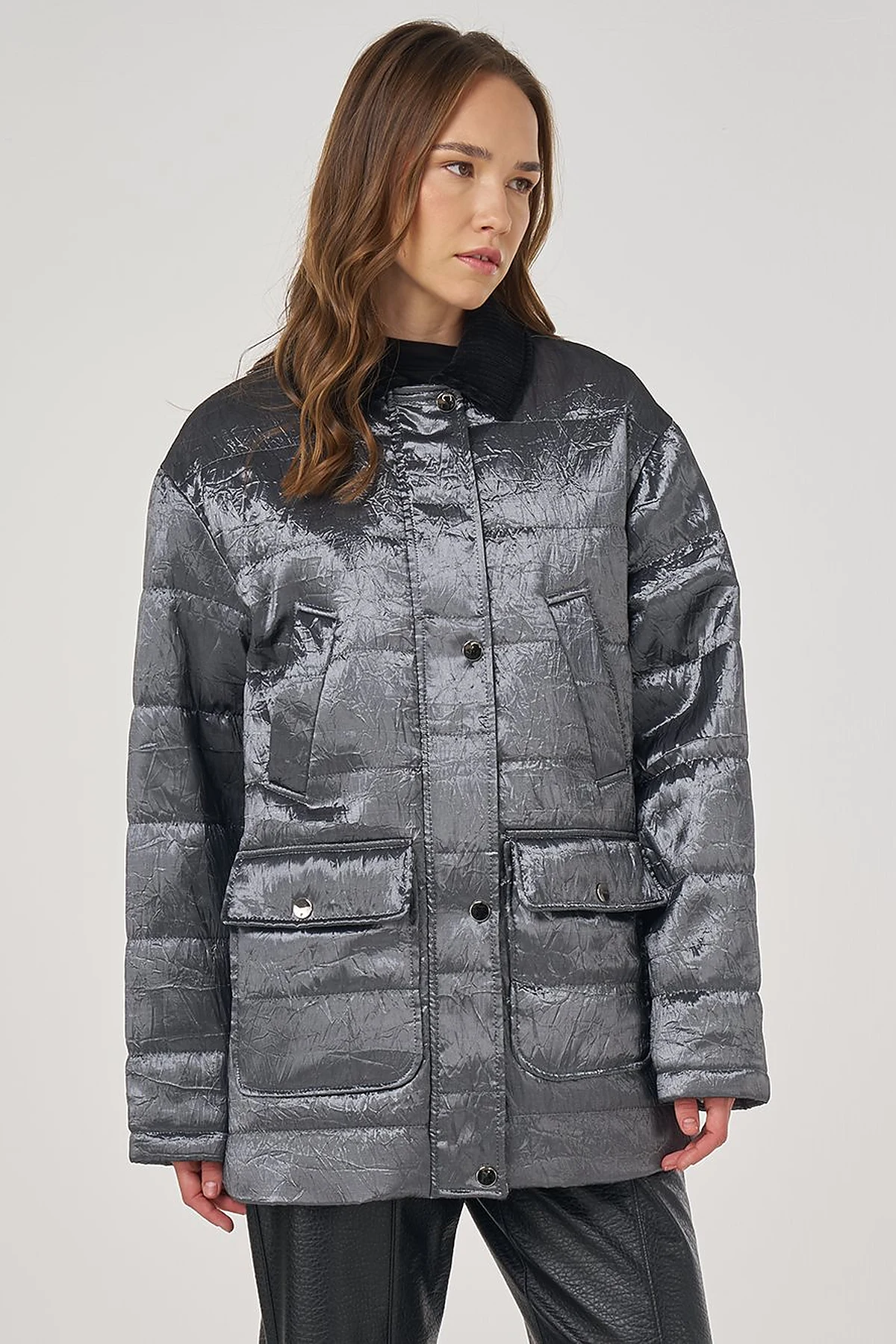 Velvet Collar Detailed Coat Anthracite