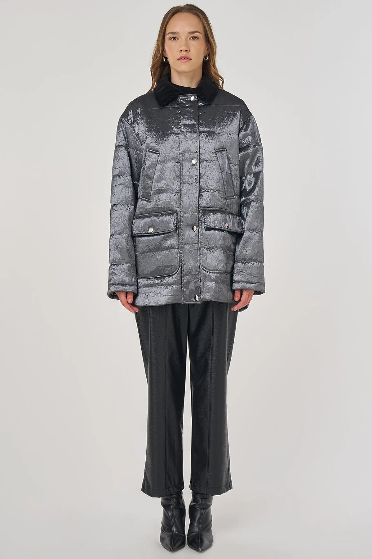 Velvet Collar Detailed Coat Anthracite