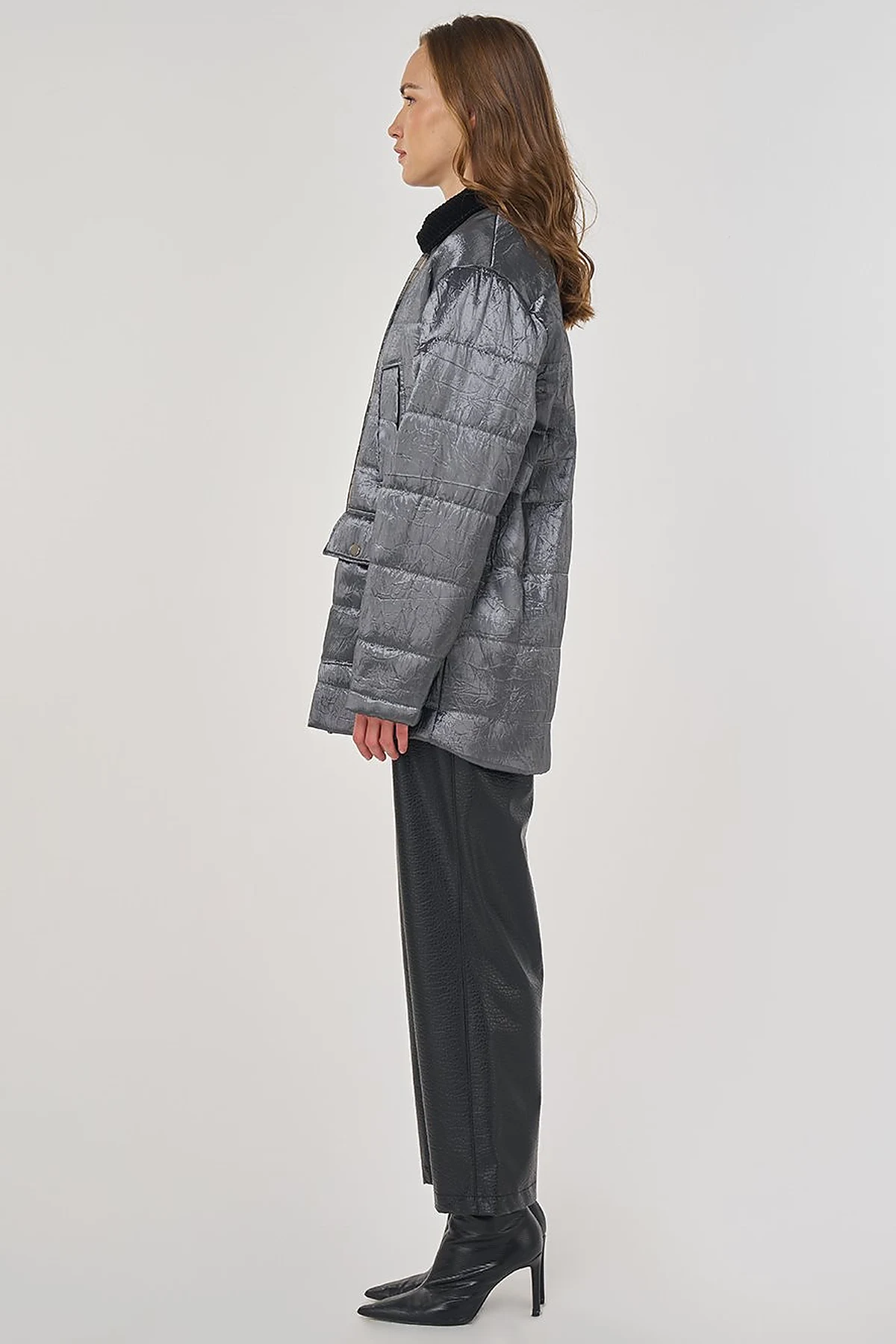 Velvet Collar Detailed Coat Anthracite