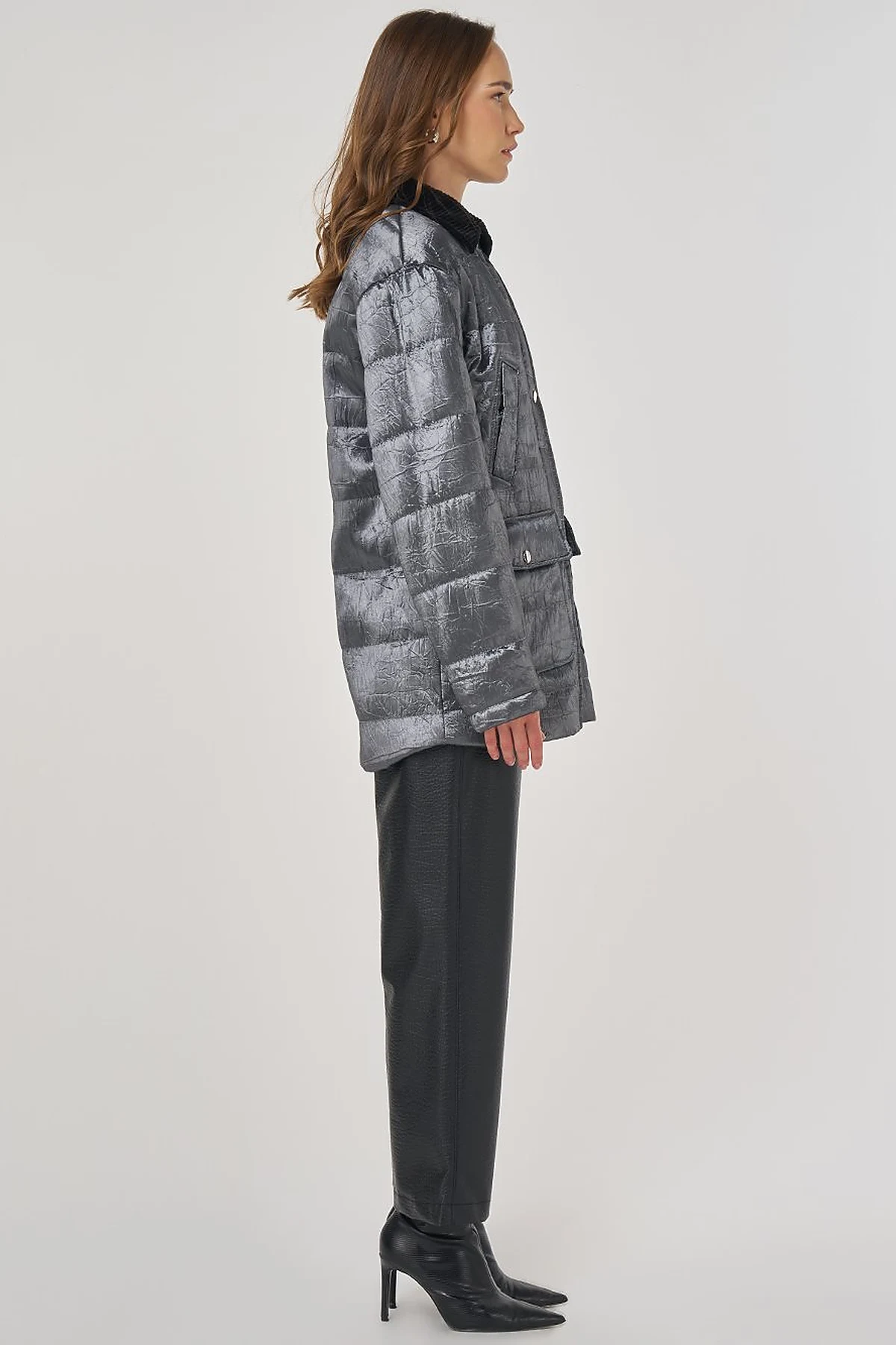 Velvet Collar Detailed Coat Anthracite
