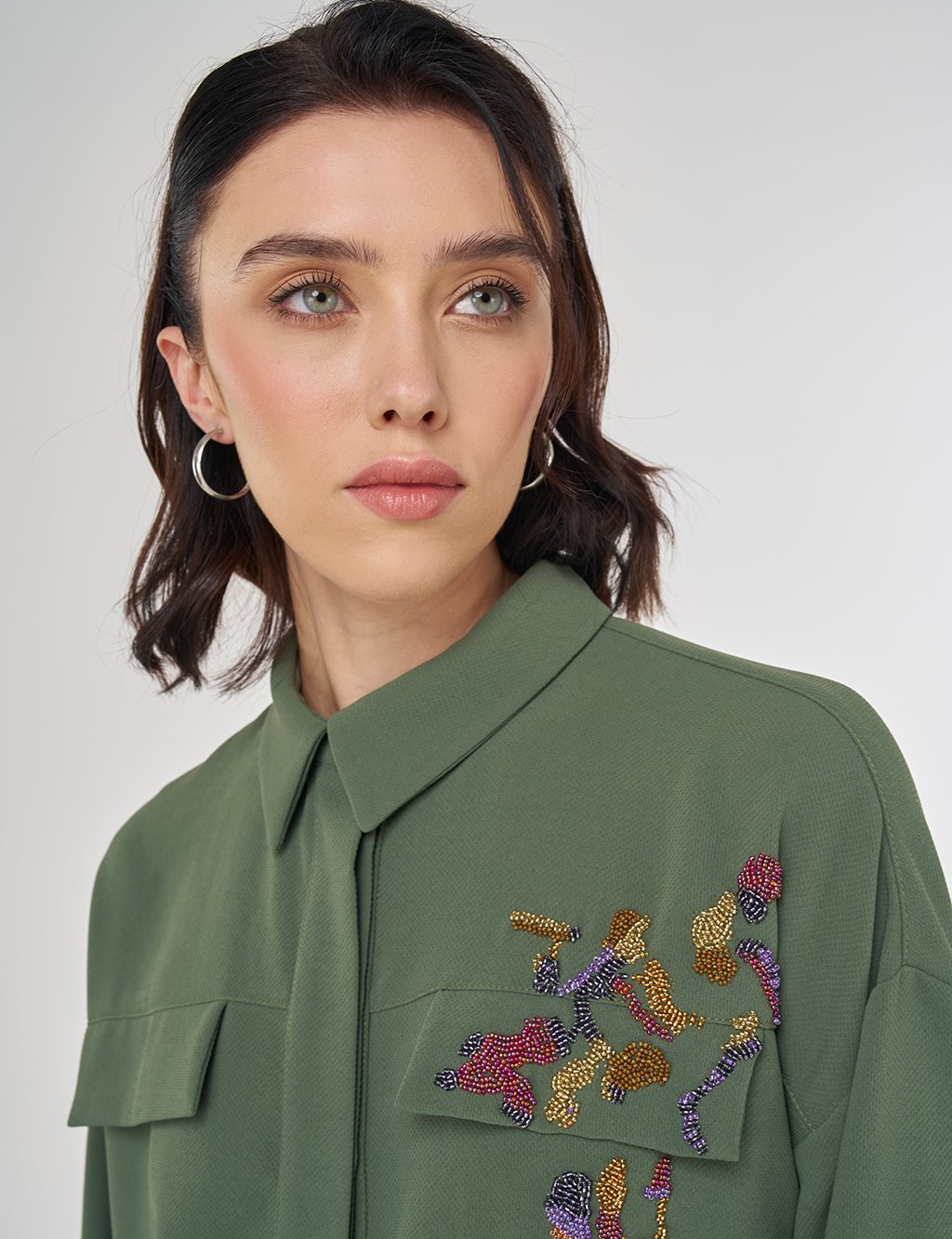 Kapak Cep Detaylı Bluz Orman Yeşili 