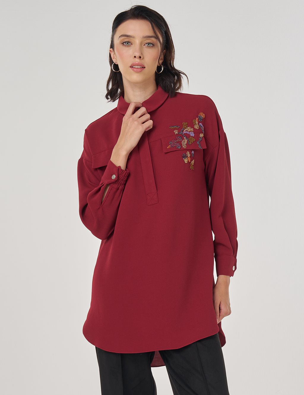 Kapak Cep Detaylı Bluz Tibet Kırmızısı