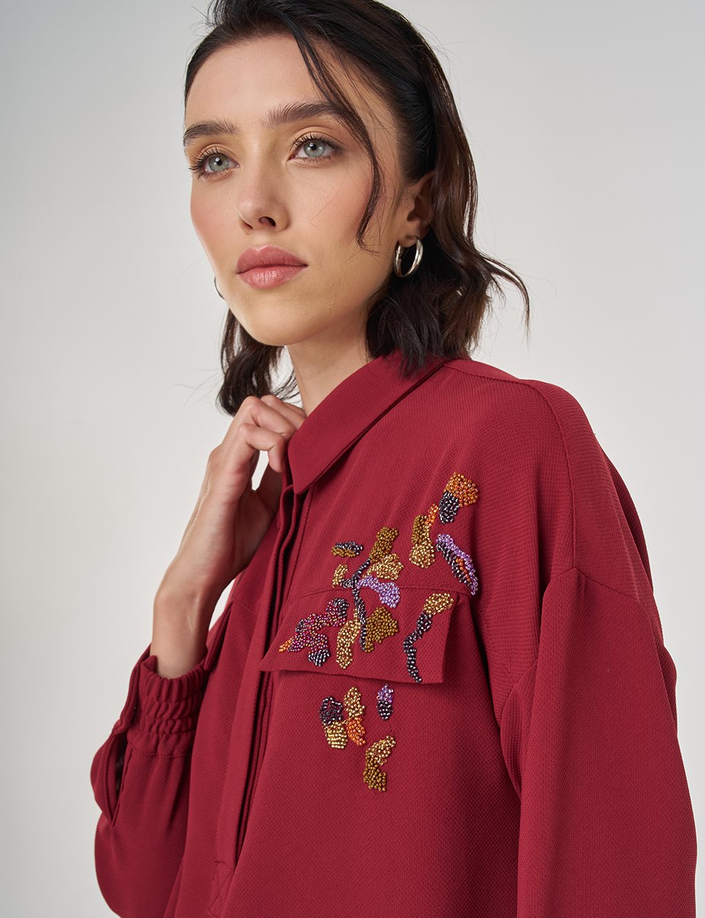 Kapak Cep Detaylı Bluz Tibet Kırmızısı