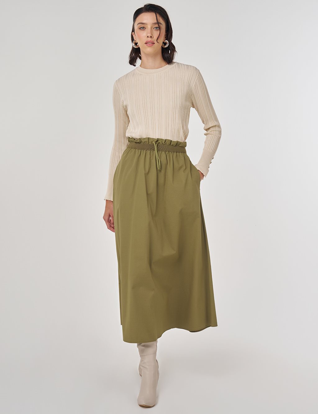 Cotton Flared Skirt Khaki