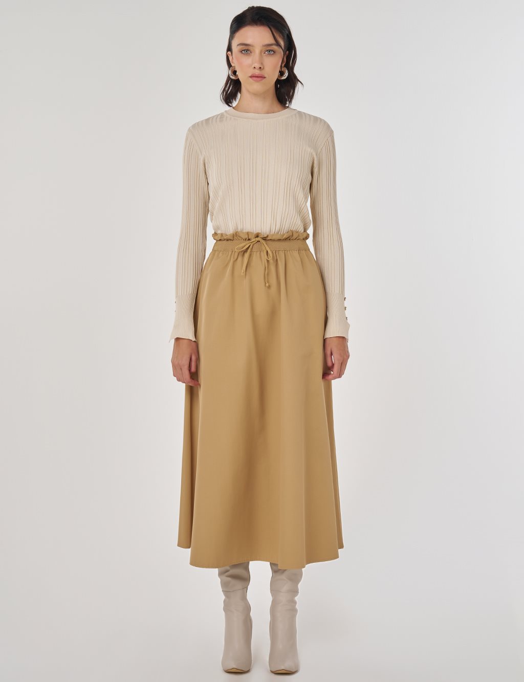 Pamuklu Evaze Etek Bej