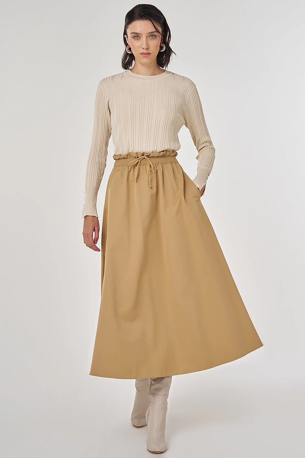 Cotton Flared Skirt Beige