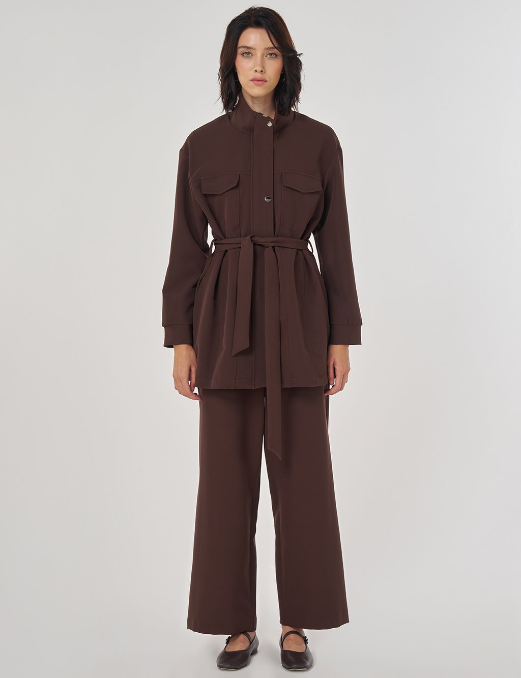 Stitch Detailed Two-Piece Set Dark Brown