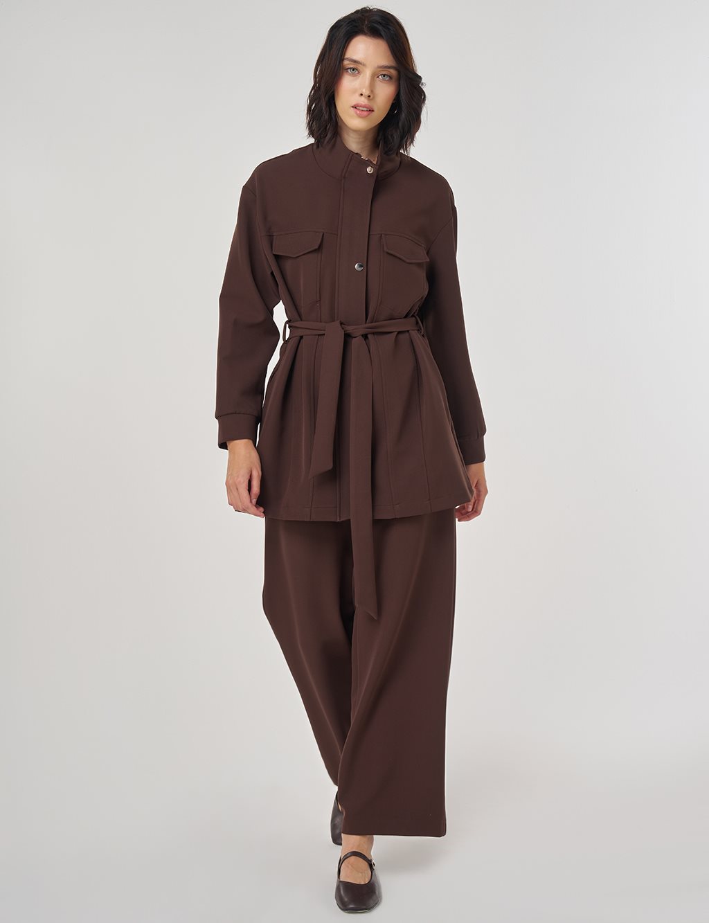 Stitch Detailed Two-Piece Set Dark Brown