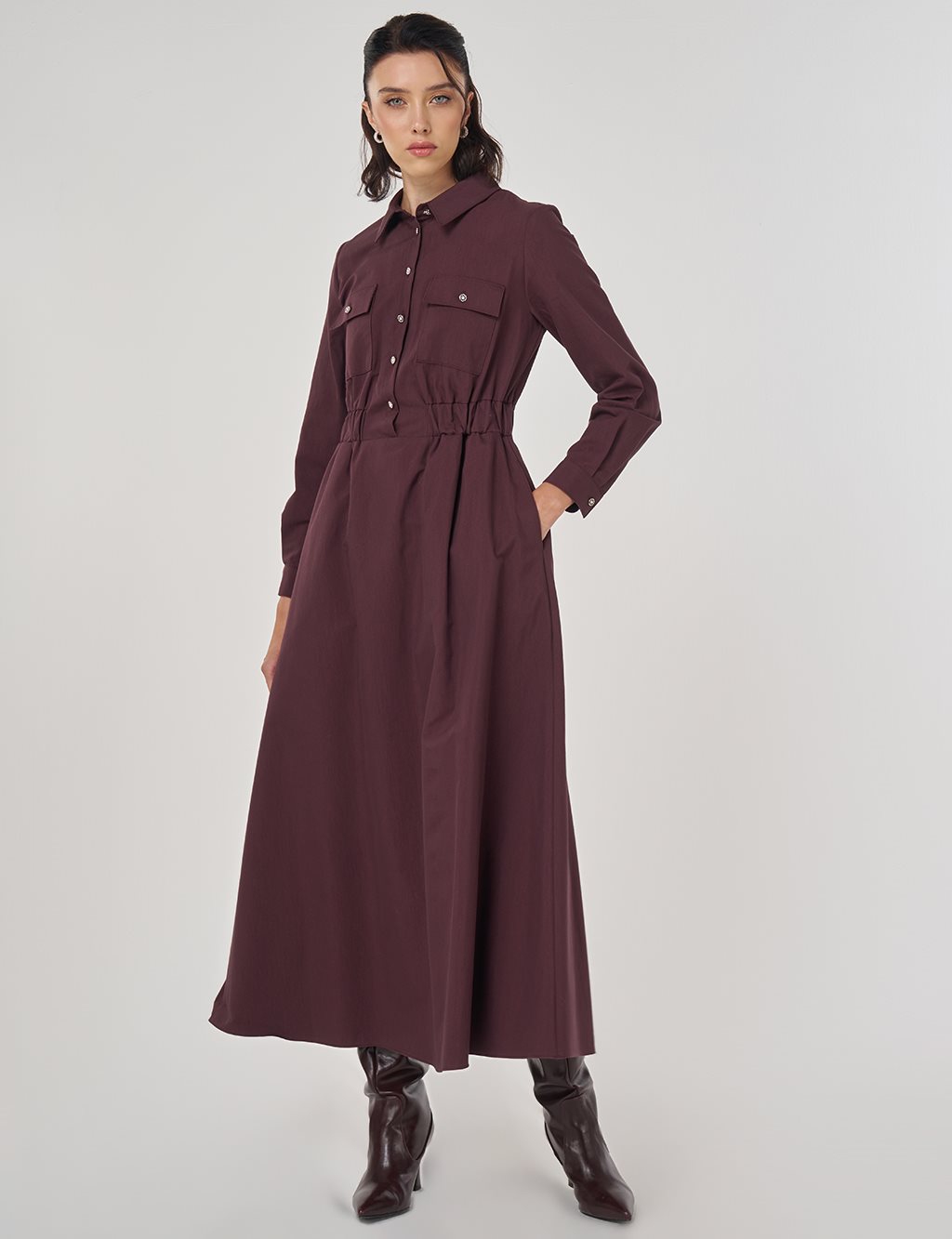 Shiny Button Maxi Dress Dark Burgundy