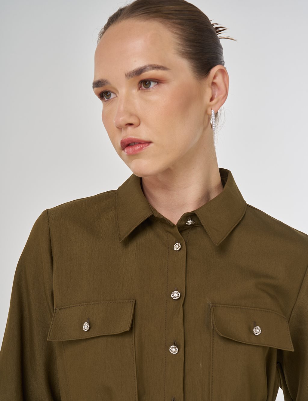 Parlak Düğmeli Maksi Elbise Haki 