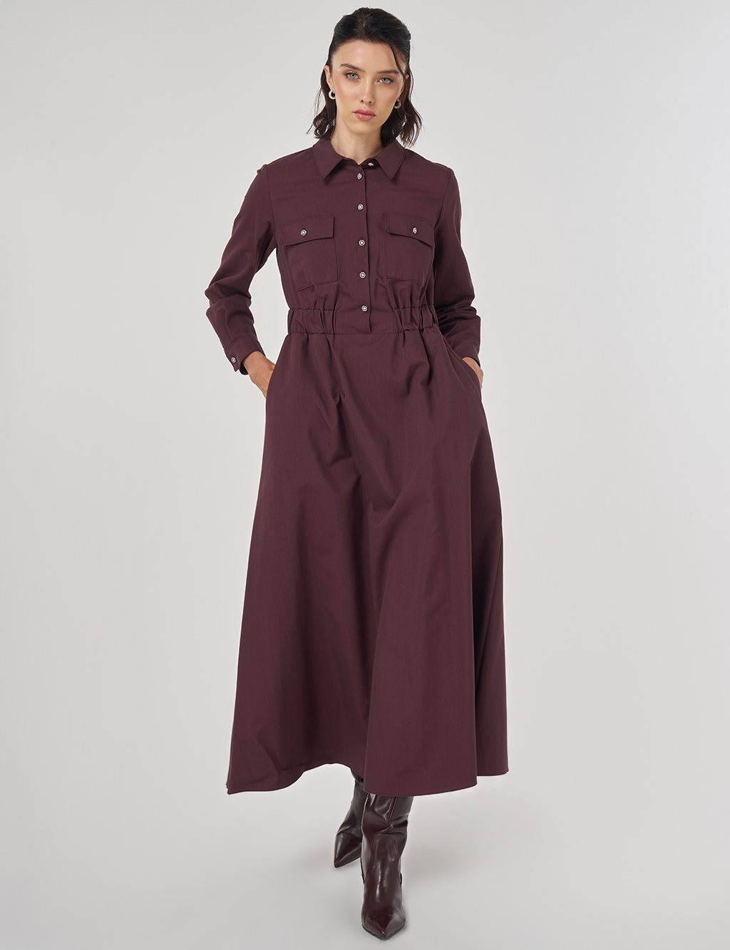 Shiny Button Maxi Dress Dark Burgundy