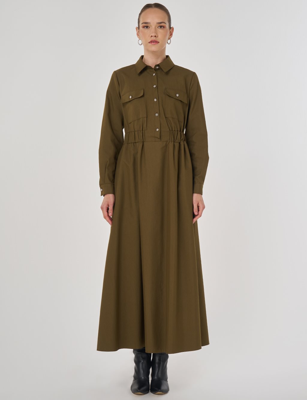 Parlak Düğmeli Maksi Elbise Haki 