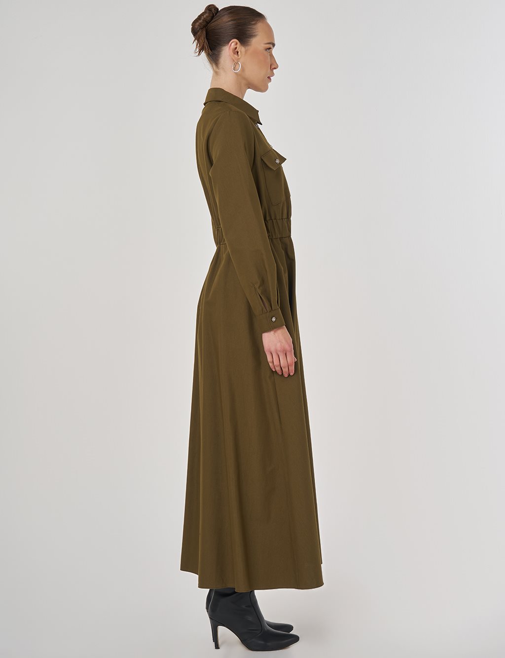 Parlak Düğmeli Maksi Elbise Haki 