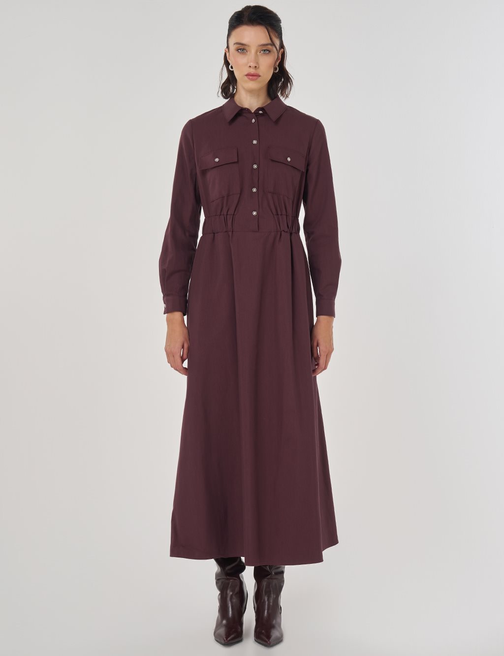 Shiny Button Maxi Dress Dark Burgundy