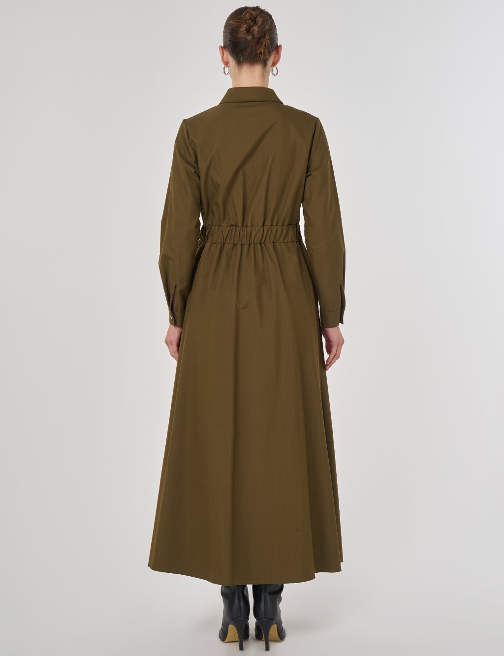 Parlak Düğmeli Maksi Elbise Haki 