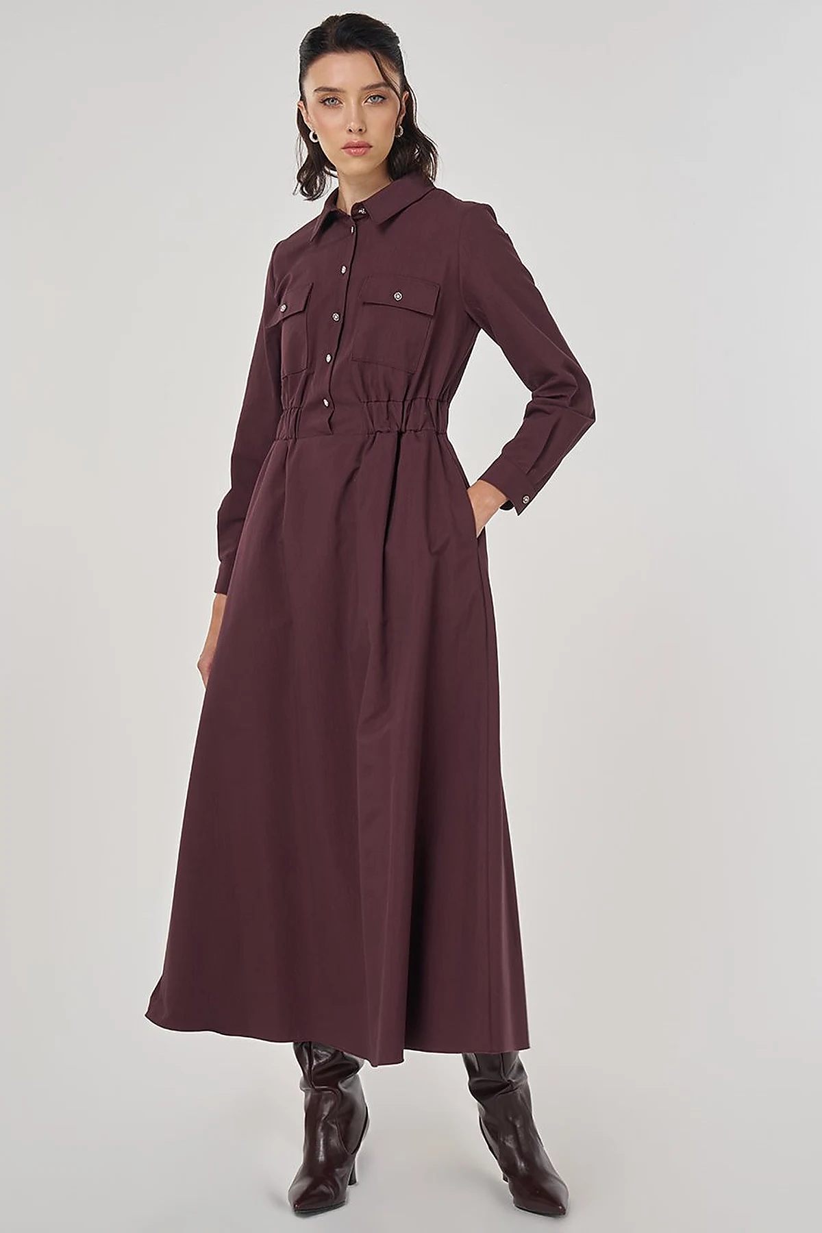 Shiny Button Maxi Dress Dark Burgundy