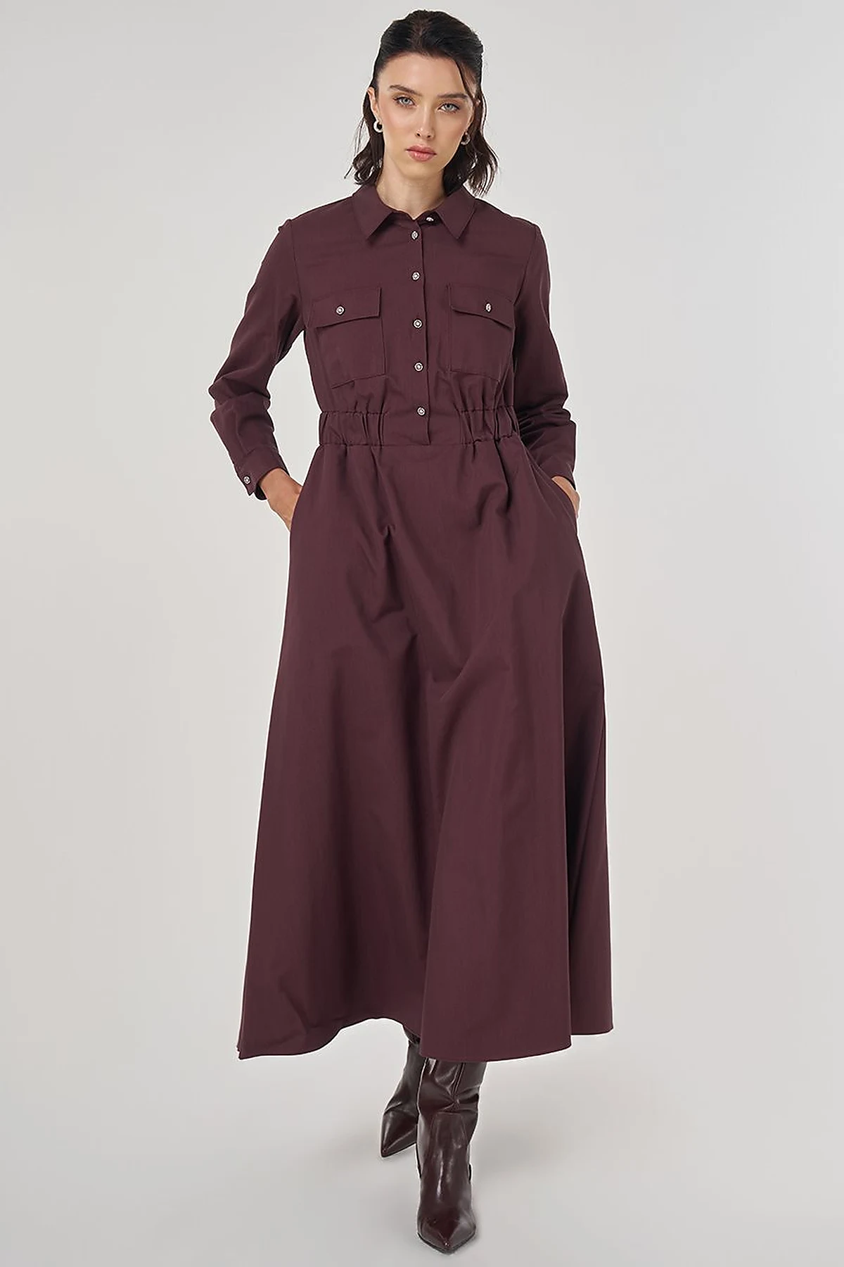 Shiny Button Maxi Dress Dark Burgundy