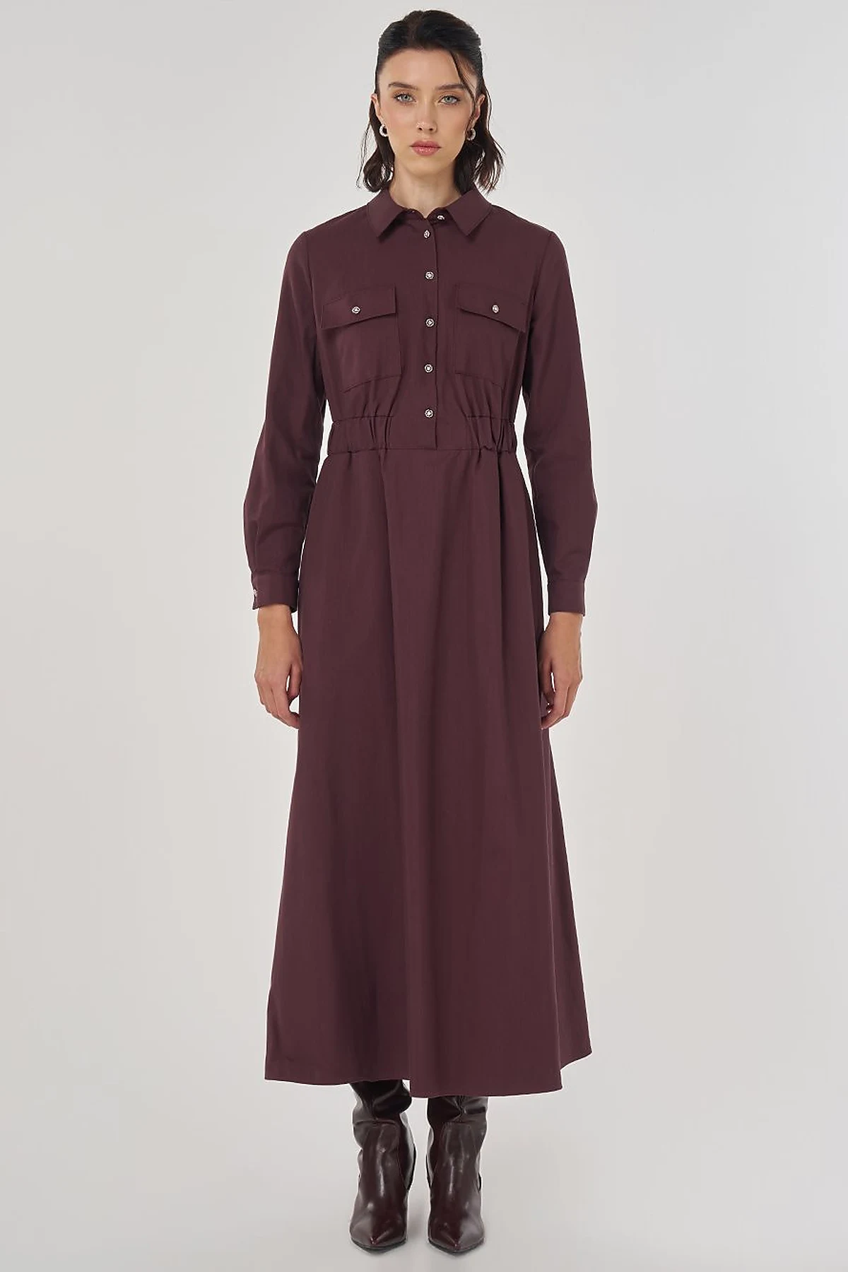 Shiny Button Maxi Dress Dark Burgundy