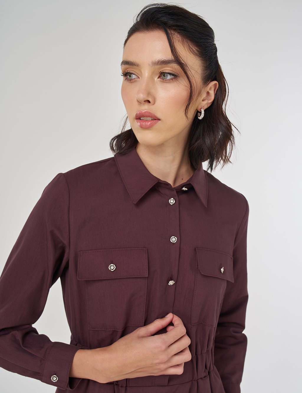 Shiny Button Maxi Dress Dark Burgundy