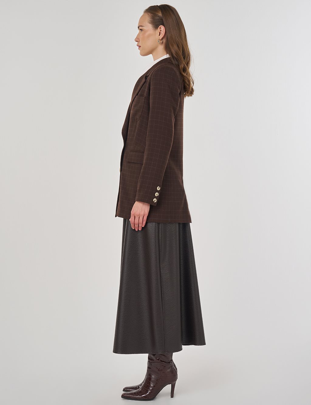 Ekose Desen Blazer Ceket Koyu Kahve 