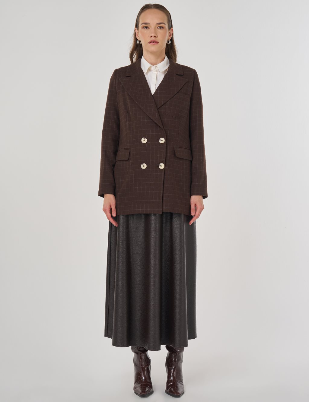 Ekose Desen Blazer Ceket Koyu Kahve 