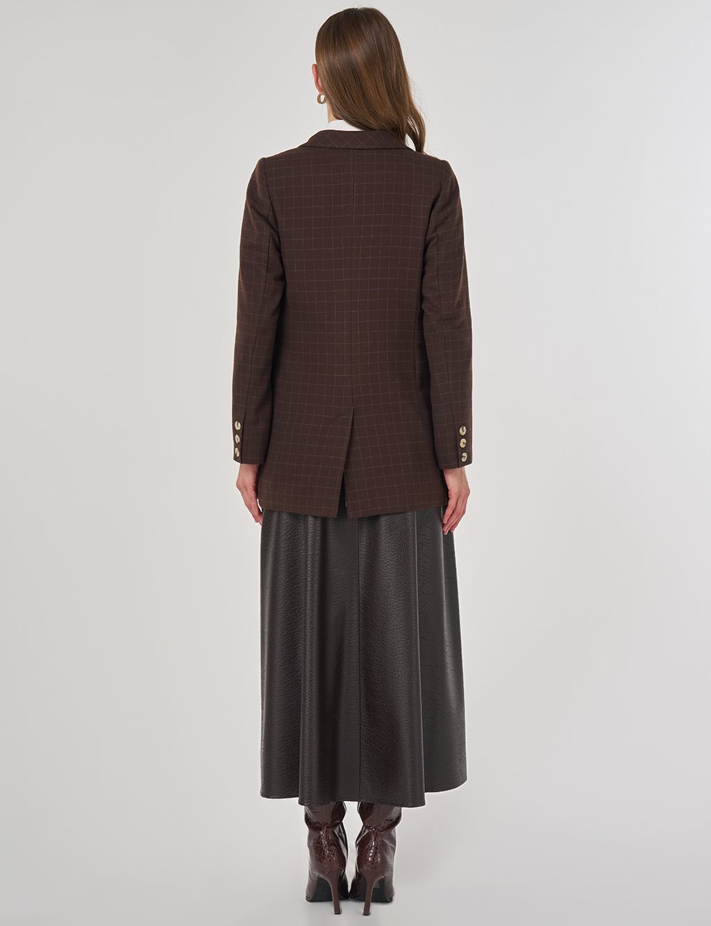 Ekose Desen Blazer Ceket Koyu Kahve 